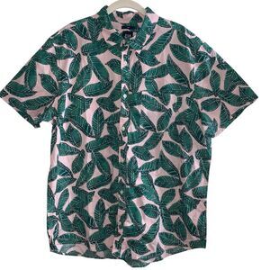 Poplin Print Shirt Slim Fit Pink Palm Leaf Men’s XL Button Down